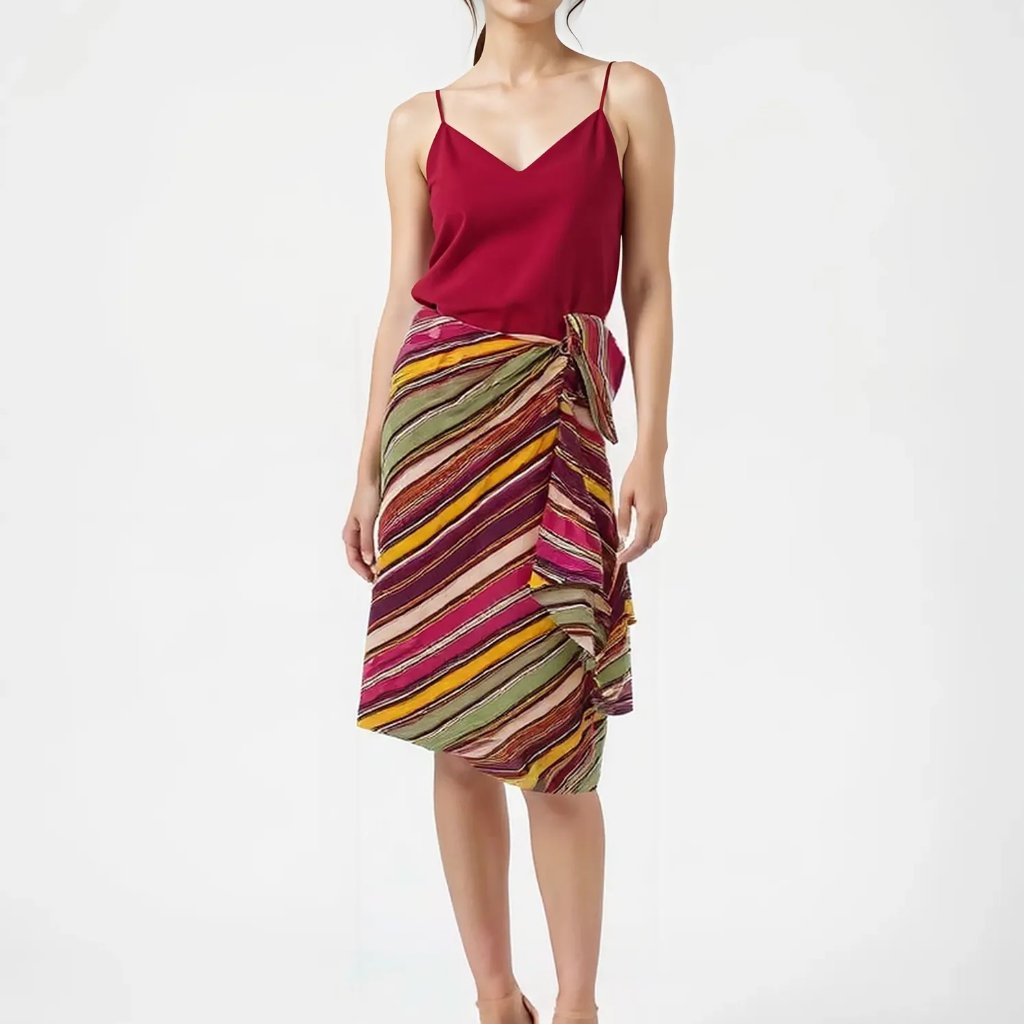Ralph Lauren Rl Silk Striped Purple Green Pink Mustard Wrap Sarong Dress Skirt M